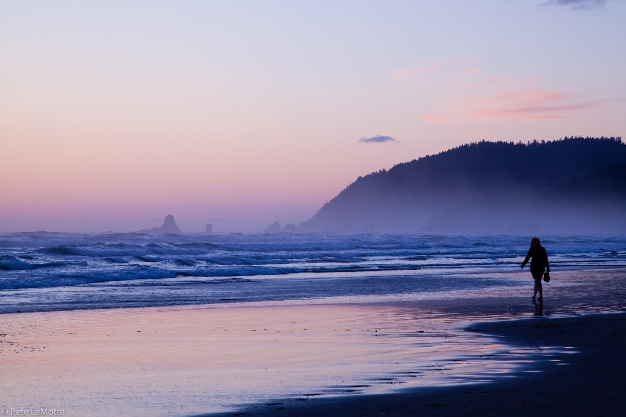 Person walking down Cannon Beach in Oregon