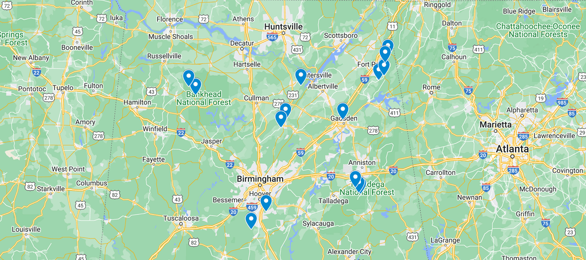 Alabama Waterfalls Map