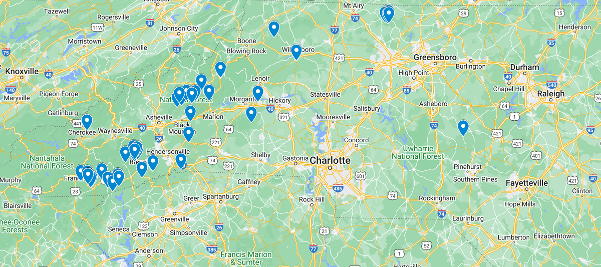 North Carolina Waterfalls Map
