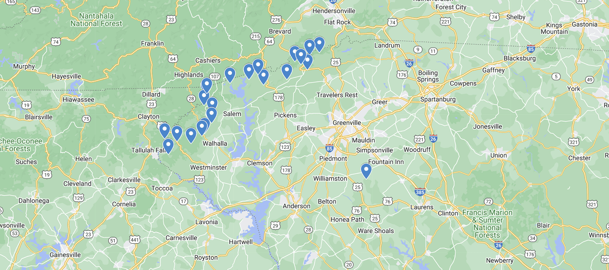 South Carolina Waterfalls Map