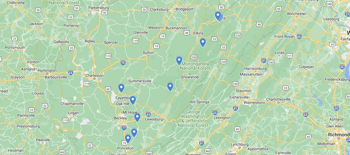West Virginia Waterfalls Map